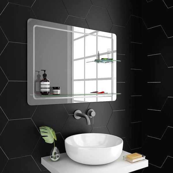 Trafalgar 800 x 600mm Rectangular Bevelled Bathroom Mirror with 2 x Glass Shelves - Image 3