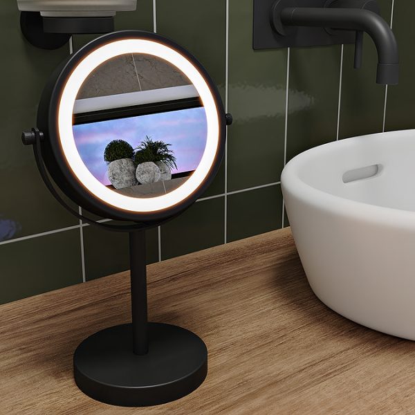 Croydex Matt Black Illuminated Battery Operated Pedestal Mirror with 3x Magnifying - Image 2