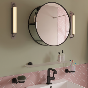 Croydex 500mm Matt Black Circular Wall Mounted Steel Mirror with Shelving