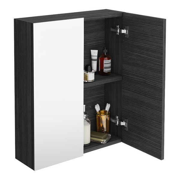 Brooklyn 600mm Black Bathroom Mirror Cabinet   2 Door - Image 3