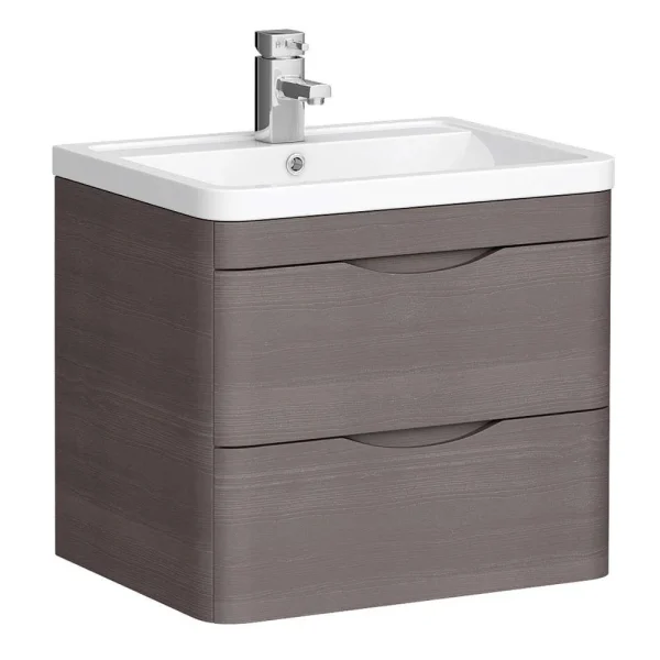 Monza 600mm Wall Hung 2 Drawer Vanity Unit (Stone Grey Woodgrain   Depth 450mm)