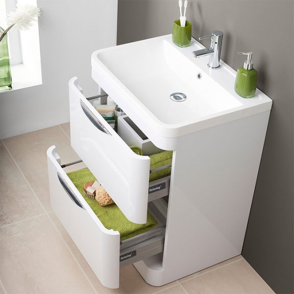 Monza Gloss White Floor Standing Vanity Unit with Chrome Handles – W600 x D445mm - Image 5