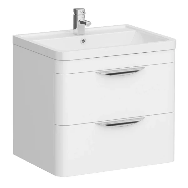 Monza Wall Hung 2 Drawer Vanity Unit w. Chrome Handles W600 x D445mm   Gloss White