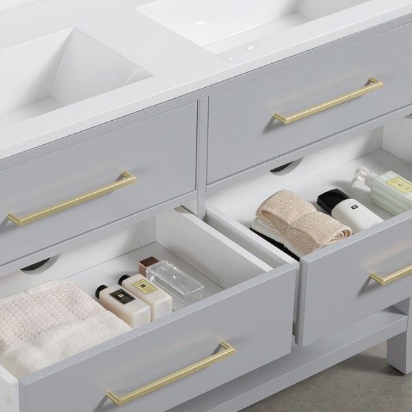 Montrose 1200mm Dove Grey Double Basin Vanity Unit with Brushed Brass Handles and Slatted Shelf - Image 3