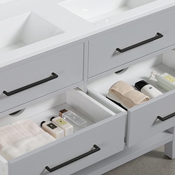 Montrose 1200mm Dove Grey Double Basin Vanity Unit with Matt Black Handles and Slatted Shelf - Image 3