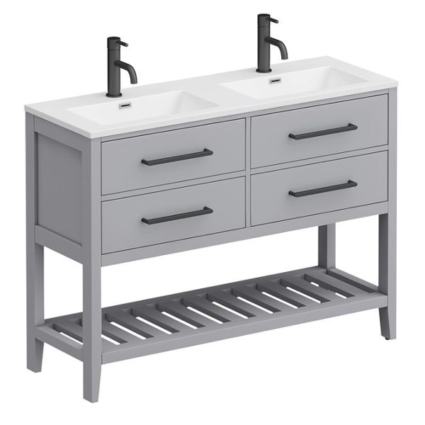 Montrose 1200mm Dove Grey Double Basin Vanity Unit with Matt Black Handles and Slatted Shelf - Image 4