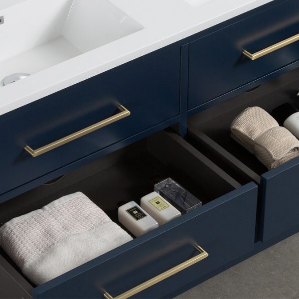 Montrose 1200mm Indigo Blue Double Basin Vanity Unit with Brushed Brass Handles and Slatted Shelf - Image 3