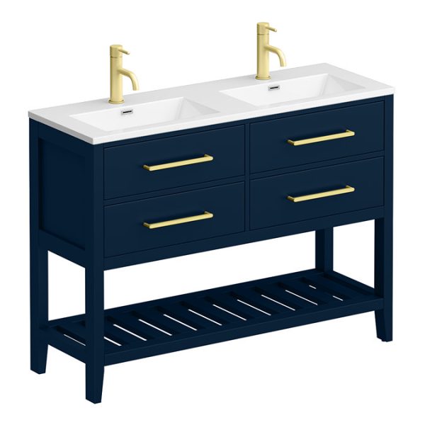 Montrose 1200mm Indigo Blue Double Basin Vanity Unit with Brushed Brass Handles and Slatted Shelf - Image 4