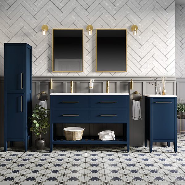 Montrose 1200mm Indigo Blue Double Basin Vanity Unit with Brushed Brass Handles and Slatted Shelf - Image 2