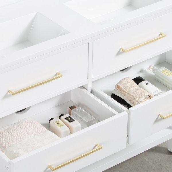 Montrose 1200mm White Double Basin Vanity Unit with Brushed Brass Handles and Slatted Shelf - Image 2