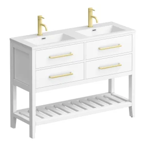 Montrose 1200mm White Double Basin Vanity Unit with Brushed Brass Handles and Slatted Shelf
