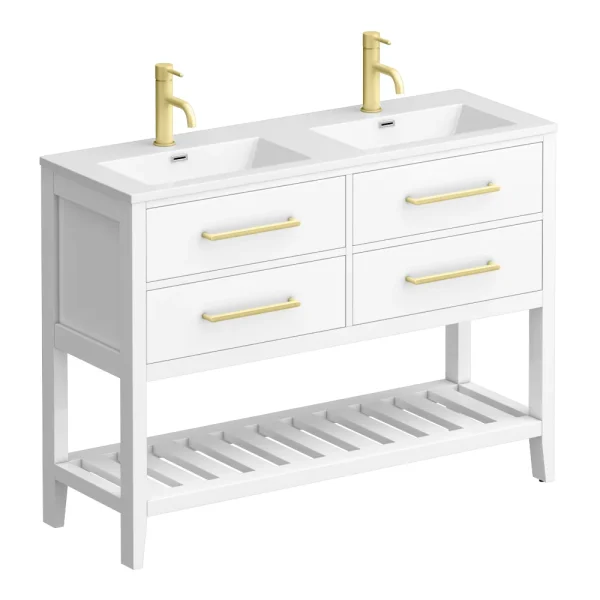 Montrose 1200mm White Double Basin Vanity Unit with Brushed Brass Handles and Slatted Shelf