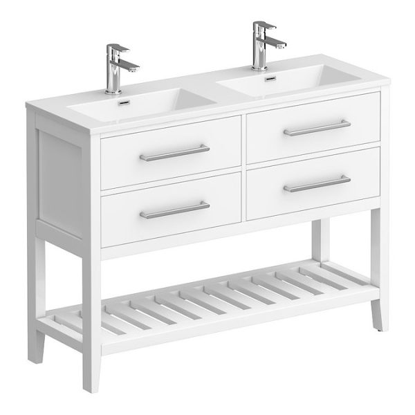 Montrose 1200mm White Double Basin Vanity Unit with Chrome Handles and Slatted Shelf - Image 4