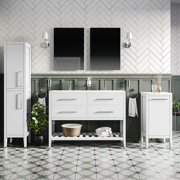 Montrose 1200mm White Double Basin Vanity Unit with Chrome Handles and Slatted Shelf - Image 2