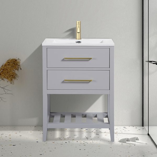 Montrose 610mm Dove Grey Vanity Unit with Brushed Brass Handles and Slatted Shelf - Image 4