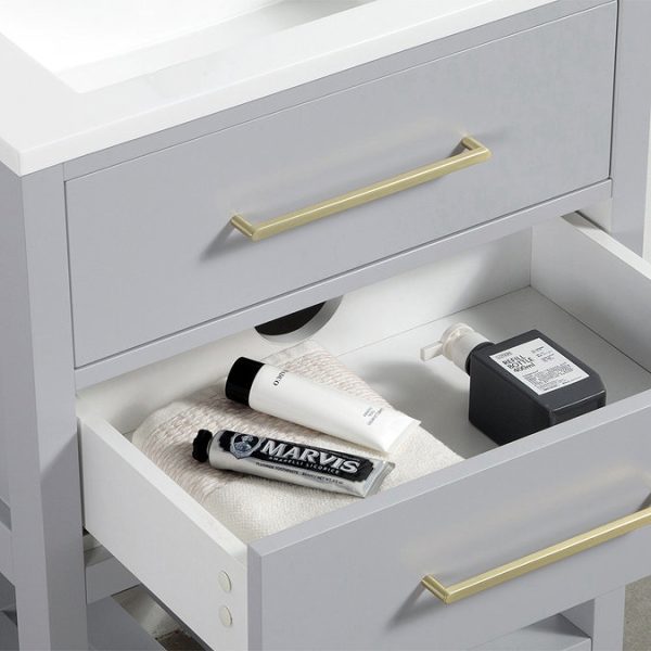 Montrose 610mm Dove Grey Vanity Unit with Brushed Brass Handles and Slatted Shelf - Image 3