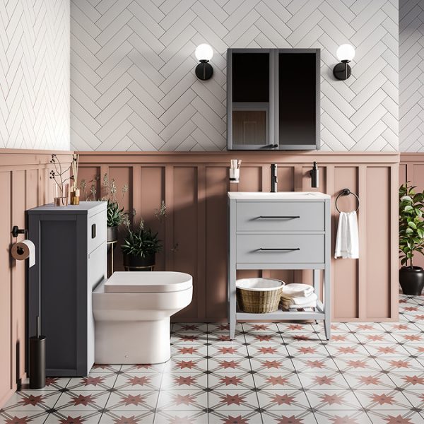 Montrose 610mm Dove Grey Vanity Unit with Matt Black Handles and Slatted Shelf - Image 2