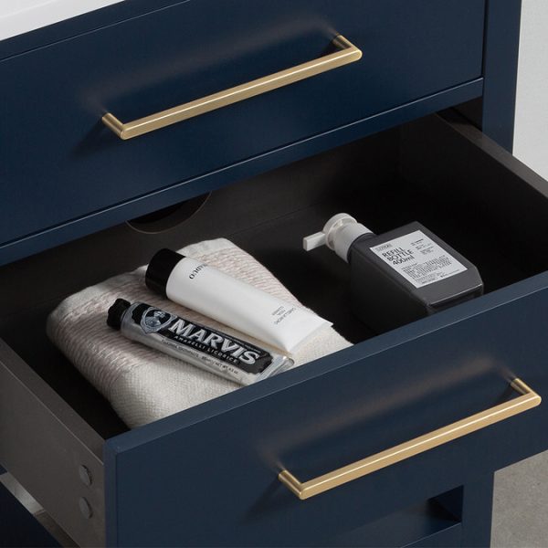 Montrose 610mm Indigo Blue Vanity Unit with Brushed Brass Handles and Slatted Shelf - Image 3