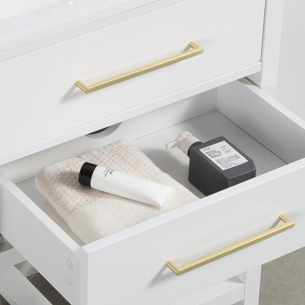 Montrose 610mm White Vanity Unit with Brushed Brass Handles and Slatted Shelf - Image 3