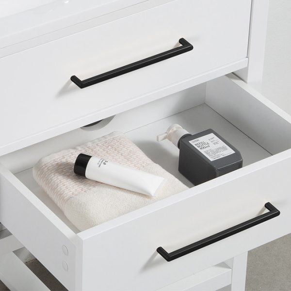 Montrose 610mm White Vanity Unit with Matt Black Handles and Slatted Shelf - Image 3