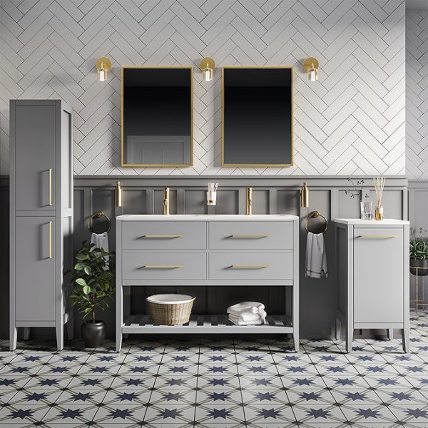 Montrose 1200mm Dove Grey Double Basin Vanity Unit with Brushed Brass Handles and Slatted Shelf - Image 4