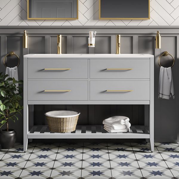 Montrose 1200mm Dove Grey Double Basin Vanity Unit with Brushed Brass Handles and Slatted Shelf - Image 2