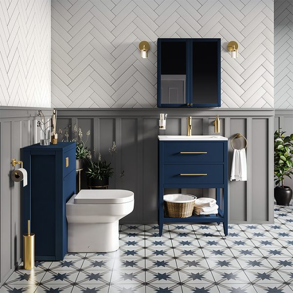 Montrose 600mm Indigo Blue Mirrored Cabinet with Brushed Brass Handles - Image 2