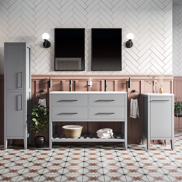 Montrose 1200mm Dove Grey Double Basin Vanity Unit with Matt Black Handles and Slatted Shelf - Image 2