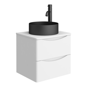 Monza Gloss White Wall Hung Countertop Vanity Unit   500mm 2 Drawer with Matt Black Round Basin