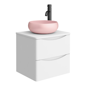 Monza Gloss White Wall Hung Countertop Vanity Unit   500mm 2 Drawer with Matt Pink Round Basin