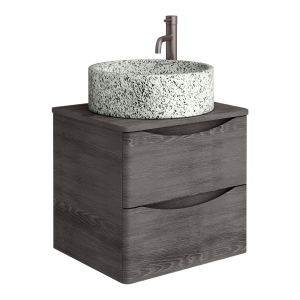 Monza Graphite Oak Wall Hung Countertop Vanity Unit   500mm 2 Drawer with Speckled Stone Effect Round Basin