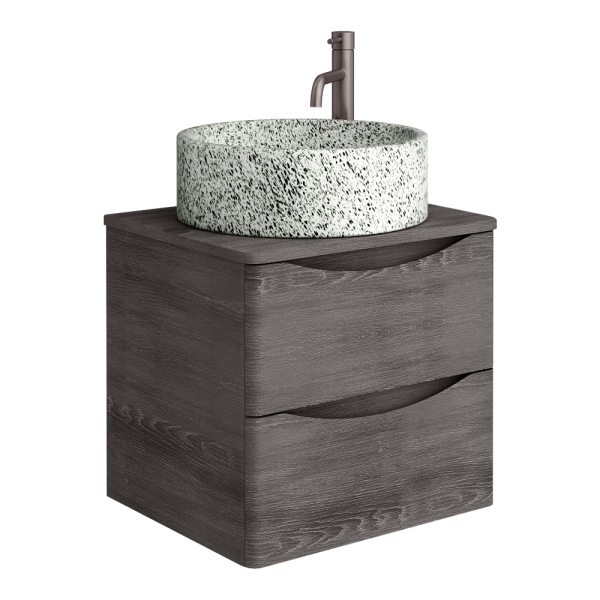 Monza Graphite Oak Wall Hung Countertop Vanity Unit   500mm 2 Drawer with Speckled Stone Effect Round Basin