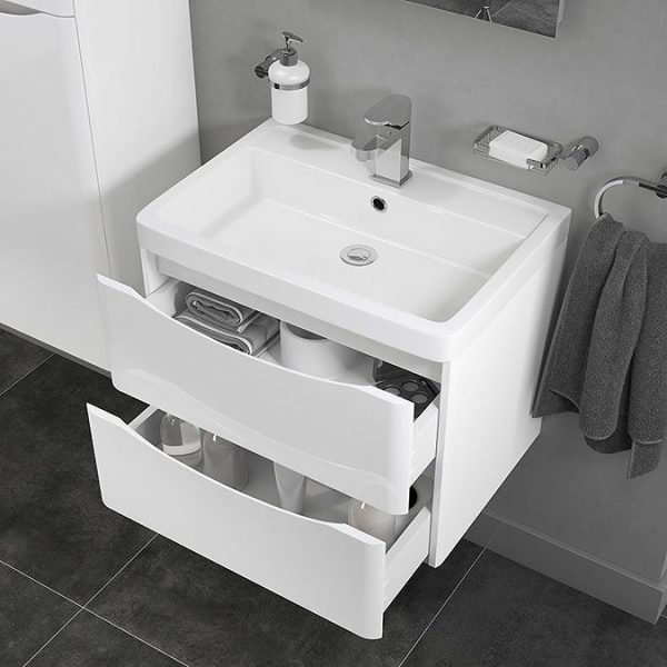 Monza Gloss White 600mm Wide Wall Mounted Vanity Unit - Image 3