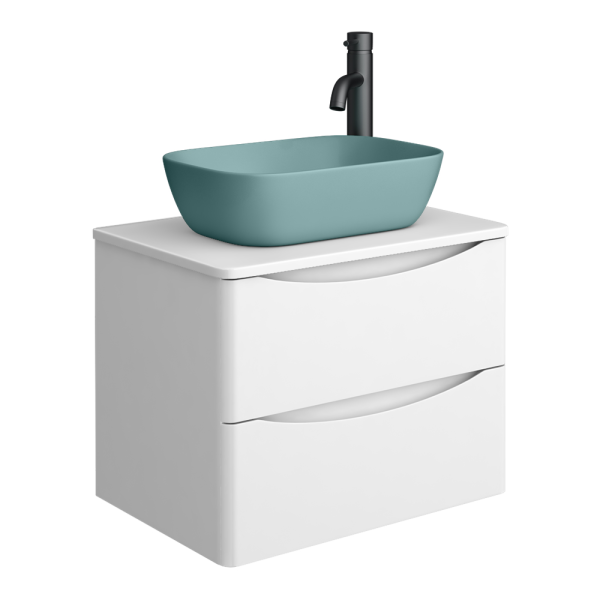 Monza Gloss White Wall Hung Countertop Vanity Unit   600mm 2 Drawer with Matt Green Rectangular Basin