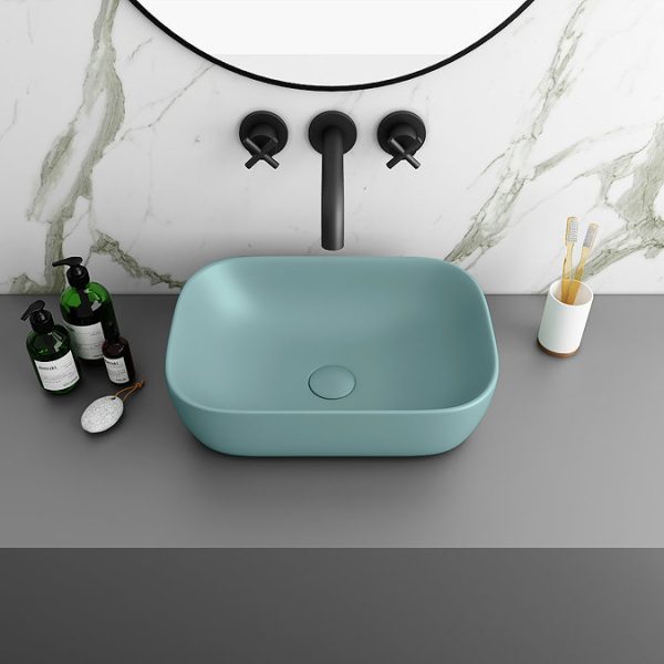 Monza Gloss White Wall Hung Countertop Vanity Unit   600mm 2 Drawer with Matt Green Rectangular Basin - Image 2