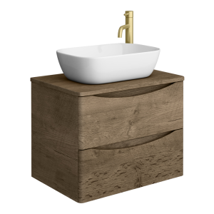 Monza Chestnut Wall Hung Countertop Vanity Unit   600mm 2 Drawer with Rectangular Gloss White Basin