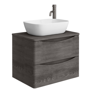 Monza Graphite Oak Wall Hung Countertop Vanity Unit   600mm 2 Drawer with Rectangular Gloss White Basin