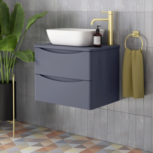Monza Matt Grey Wall Hung Countertop Vanity Unit   600mm 2 Drawer with Rectangular Gloss White Basin