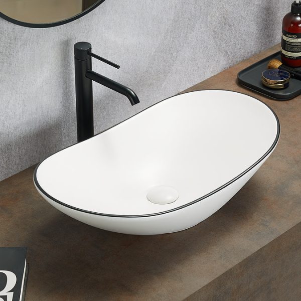 Monza Gloss White Floor Standing Countertop Vanity Unit   900mm 2 Drawer with Oval White with Black Trim Basin - Image 2