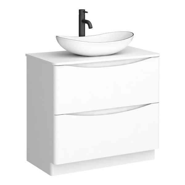 Monza Gloss White Floor Standing Countertop Vanity Unit   900mm 2 Drawer with Oval White with Black Trim Basin
