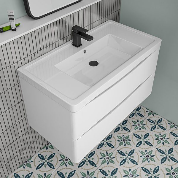 Monza Gloss White 900mm Wide Wall Mounted Vanity Unit - Image 2
