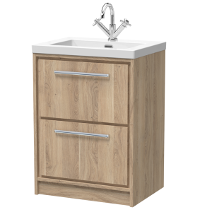 Arezzo Moda 600mm Rustic Oak Floor Standing 2 Drawer Vanity Unit with Chrome Handles