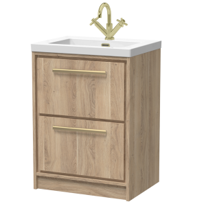 Arezzo Moda 600mm Rustic Oak Floor Standing 2 Drawer Vanity Unit with Brushed Brass Handles