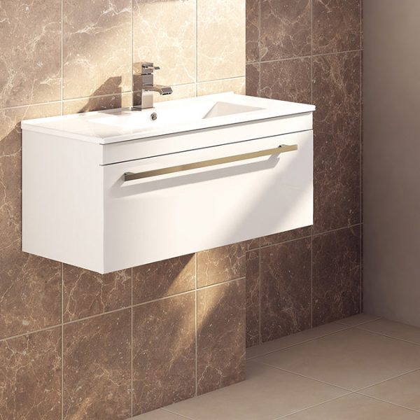 Nova 1000mm Wall Hung Vanity Sink With Cabinet   Modern High Gloss White - Image 2