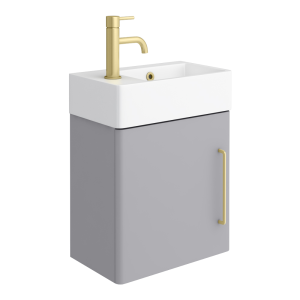 Odyssey Grey Wall Hung Cloakroom Vanity Unit 450mm Wide with Brushed Brass Handle (Left Hand Option)