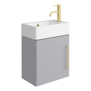 Odyssey Grey Wall Hung Cloakroom Vanity Unit 450mm Wide with Brushed Brass Handle (Right Hand Option)