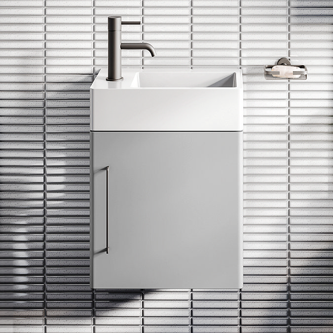 Odyssey Grey Wall Hung Cloakroom Vanity Unit 450mm Wide with Matt Black Handle (Left Hand Option) - Image 5
