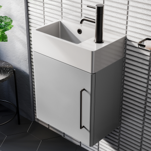 Odyssey Grey Wall Hung Cloakroom Vanity Unit 450mm Wide with Matt Black Handle (Right Hand Option)