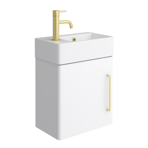 Odyssey White Wall Hung Cloakroom Vanity Unit 450mm Wide with Brushed Brass Handle (Left Hand Option)