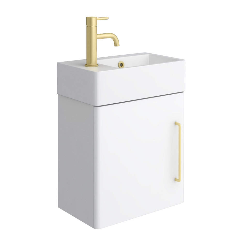 Odyssey White Wall Hung Cloakroom Vanity Unit 450mm Wide with Brushed Brass Handle (Left Hand Option)